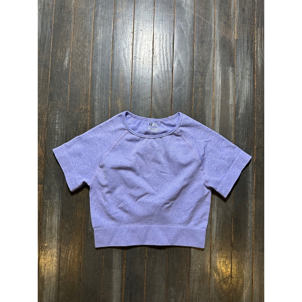 Womens Purple Heathered Seamless Crop Top Activewear Short Sleeve Gym Shirt
